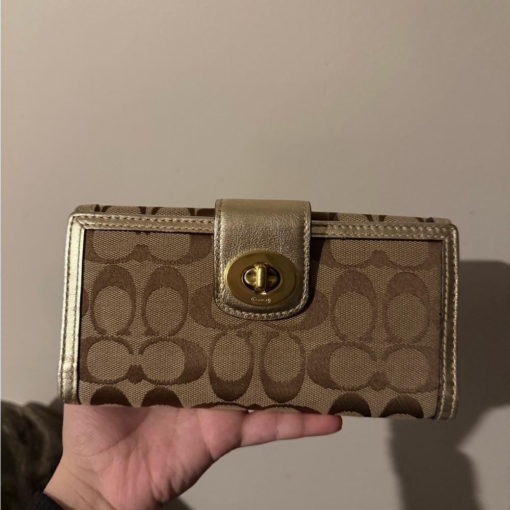 Coach Tan and Gold Signature Wallet